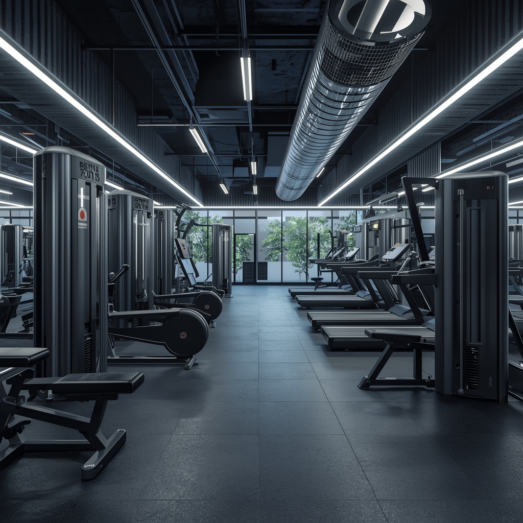 a highly detailed modern gym interior with advanced workout equipment, bright cinematic lighting, highly realistic, 8k resolution, no people --no woman